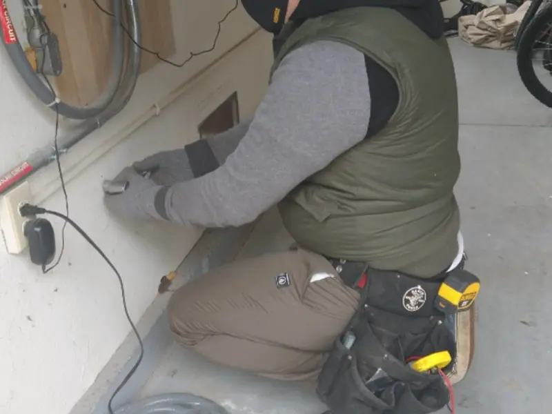 Electrician performing outlet wiring in a Castleton garage